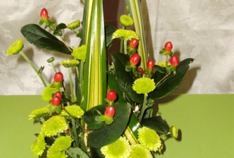 centre de table pendanus,pinochio vert, hypricum