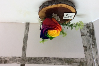 rose ternelle rainbow sur rondelle de bois