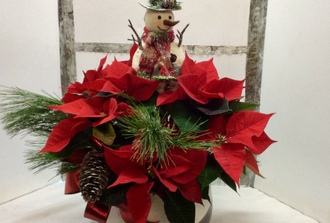 poinsettia naturel,bonhomme de neige avec vase 